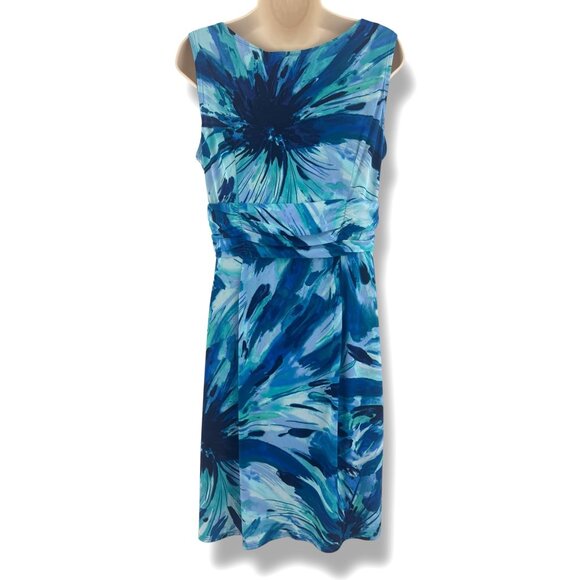 Perceptions Blue Watercolor Floral Ruched‎ Waist Sleeveless Dress Size 14 Summer - Picture 3 of 7